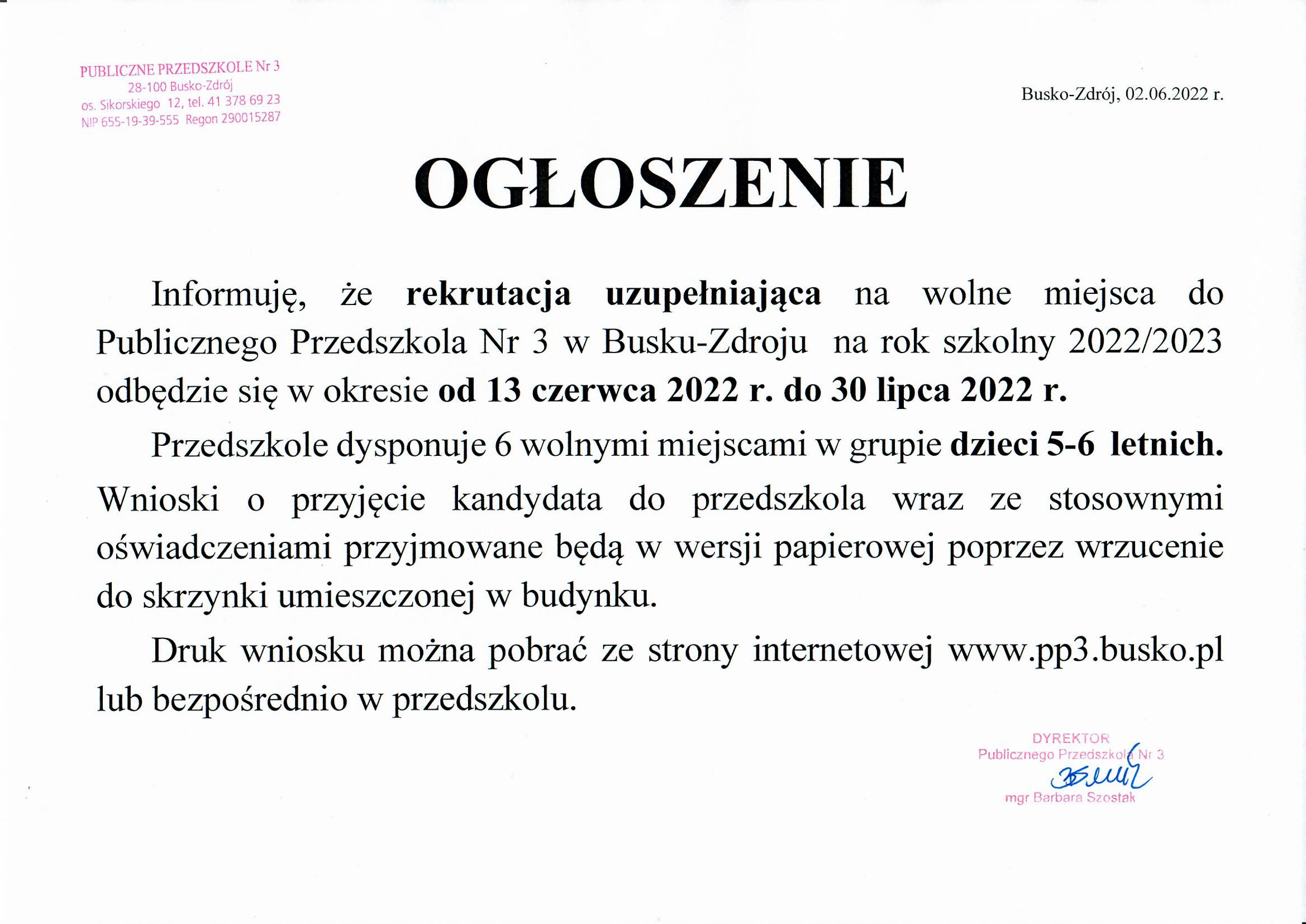 Ogłoszenie dotyczące rekrutacji uzupełniającej do Publicznego Przedszkola Nr 3 w Busku-Zdroju na rok szkolny 2022/2023